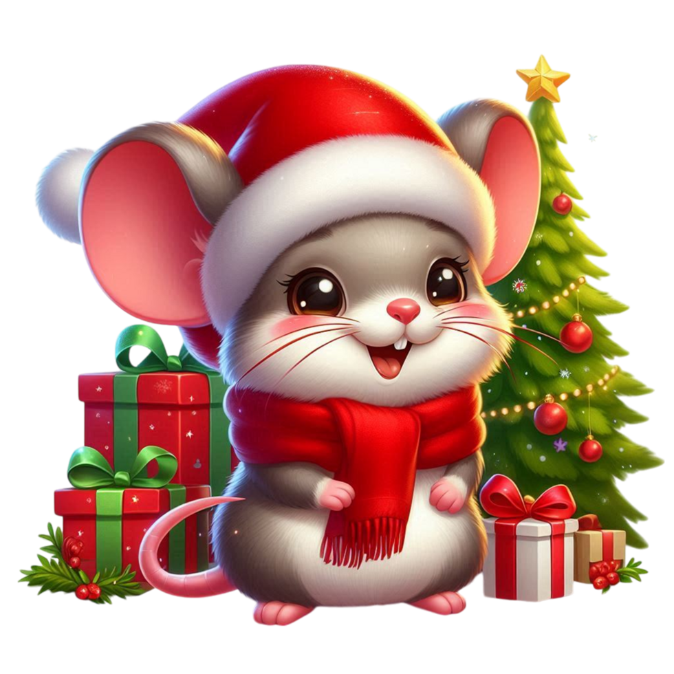Adorable mouse in santa hat with christmas tree png