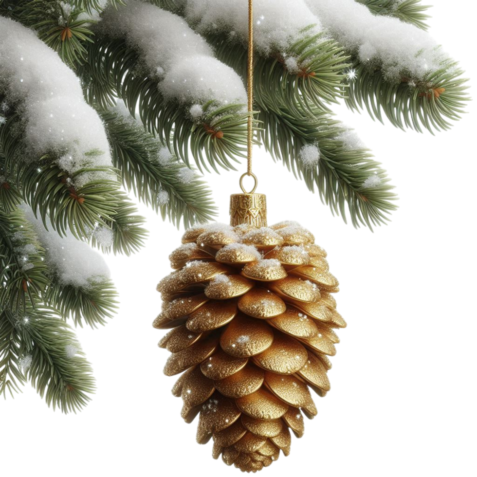 Golden pine cone ornament hanging on snowy branch png
