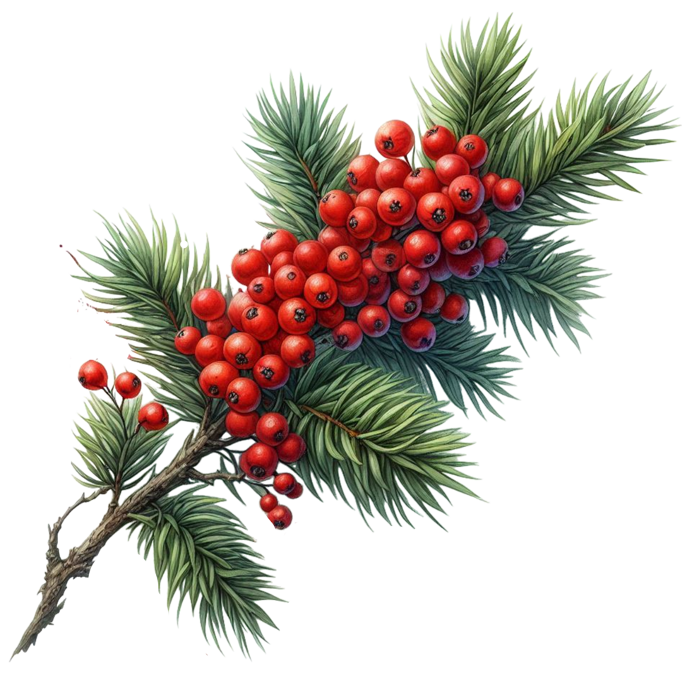 Winterberry branch with evergreen needles png