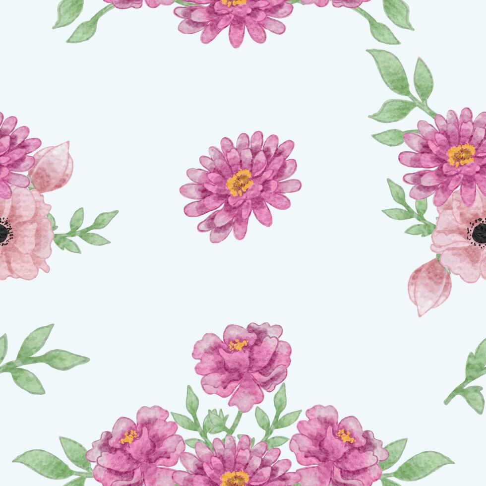 Pink Dahlia and Anemone Watercolor Flower Seamless Pattern vector