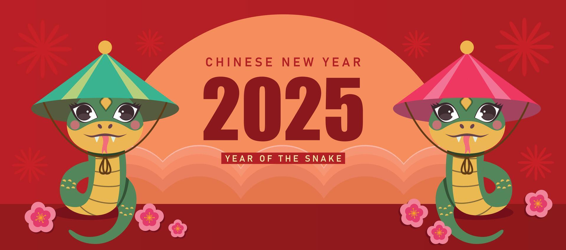 2025 Chinese New Year, Year of the Snake banner with cute zodiac snakes. holiday card, banner