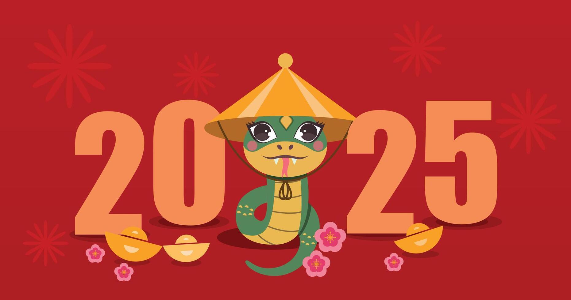 2025 Chinese New Year, 2025 Year of the Snake poster with zodiac snake design. gold ingots and flowers. Year of the Snake banner design with Chinese zodiac snake. vector