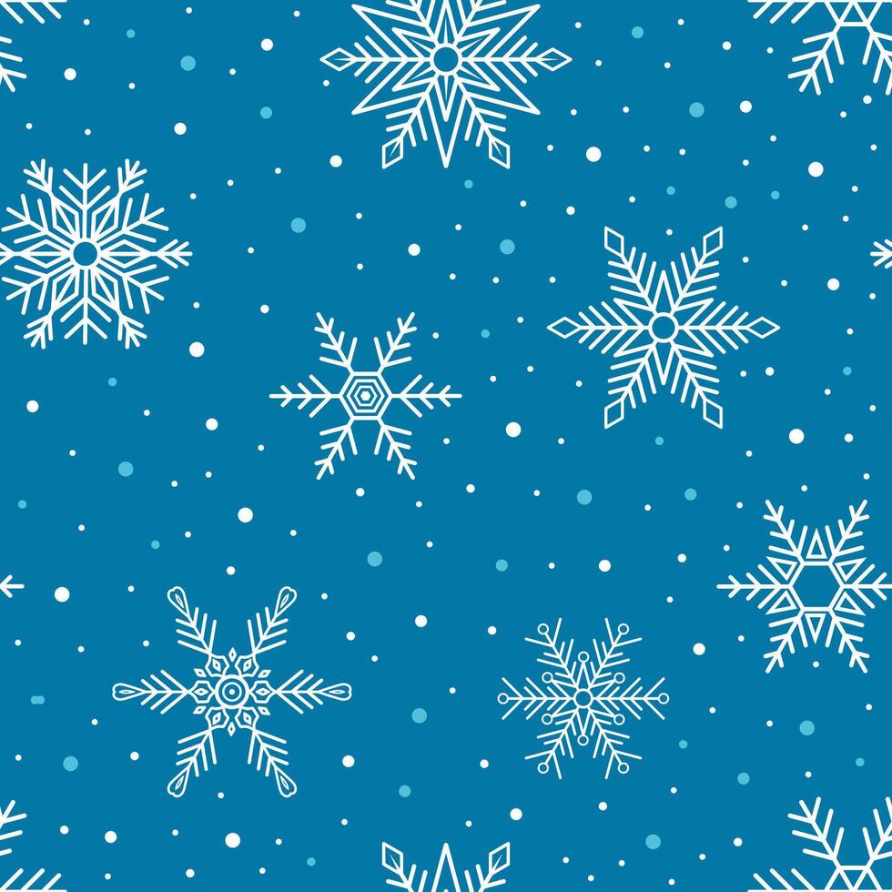 Seamless Christmas pattern with snowflakes on blue background. New year illustration with falling snowflakes for wrapping, wallpaper, cover, textile vector