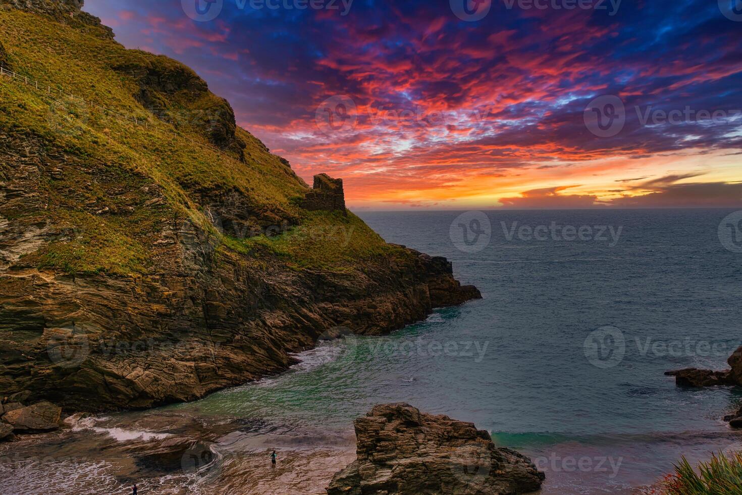 Vibrant Sunset Over Coastal Cliffs in Tintagel, Cornwall, UK photo