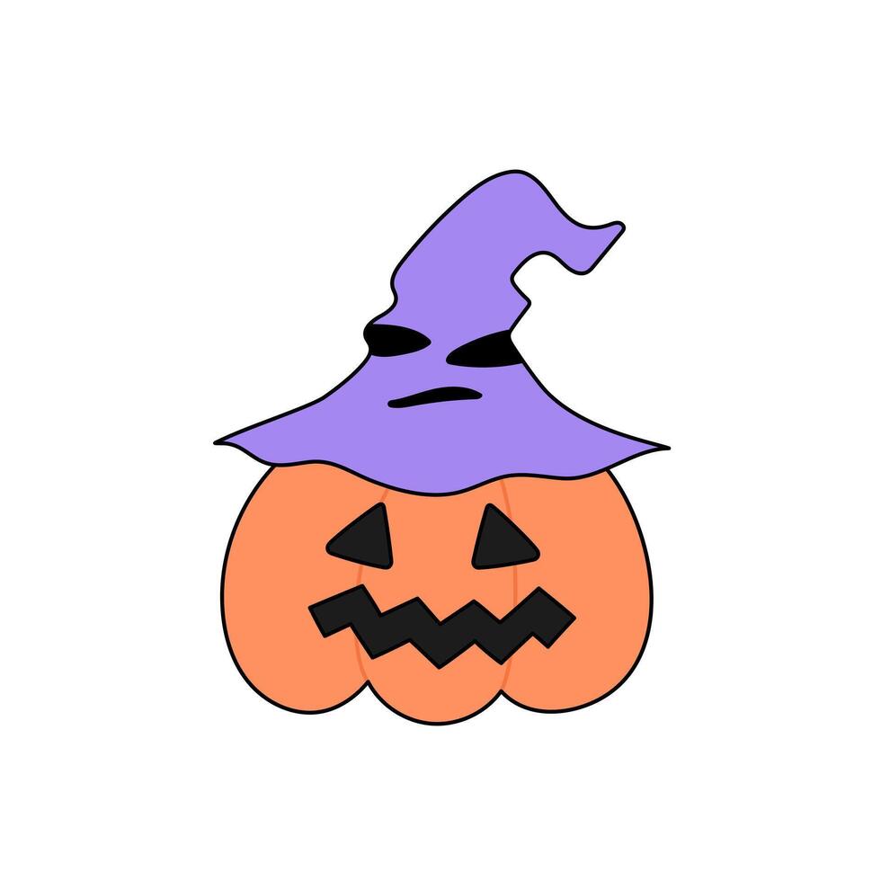 Pumpkin with smiling, laughing face in wizard hat with face. Halloween symbol or decor. Holiday isolated clipart vector