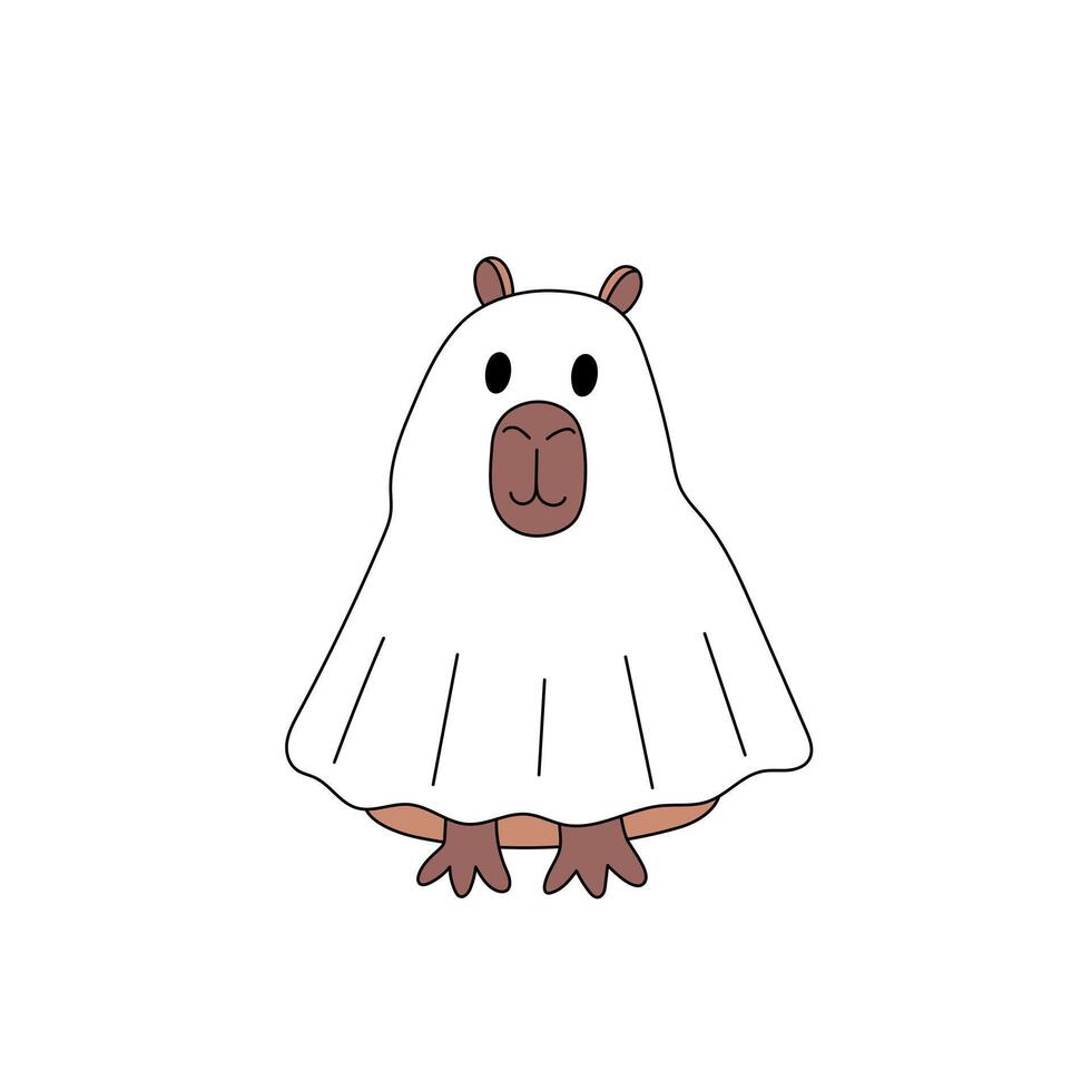 Capybara animal character in ghost Halloween trick or treat costume. Clip art for October holiday. Cartoon illustration vector