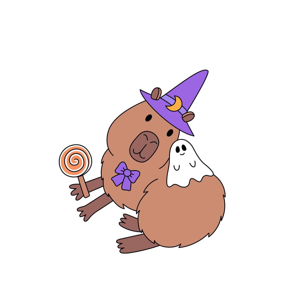 Funny animal capybara in witch hat with cute ghost and candy cane. Clipart on the theme of fairy tales and magic. Design element for October holiday Halloween vector