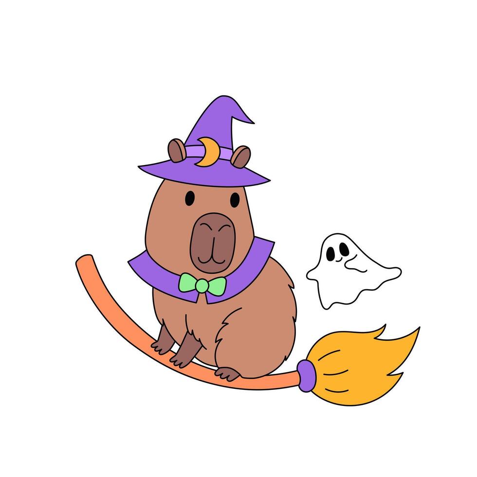 Funny cartoon witch capybara on broomstick with cute ghost. Clipart on the theme of fairy tales and magic. Design element for October holiday Halloween vector