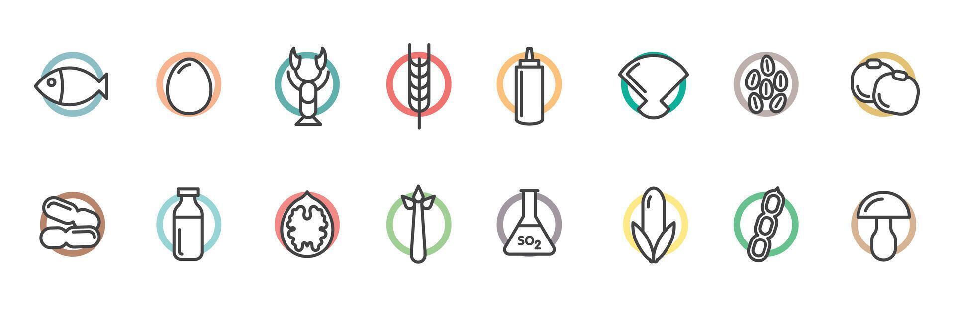 Food allergy icons. Basic allergens and diet line icons set. vector