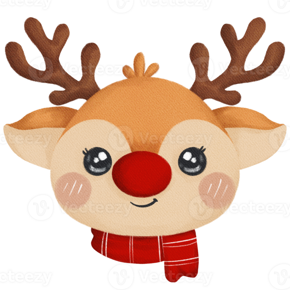 Retro Reindeer Face with Red Nose and Vintage Scarf png