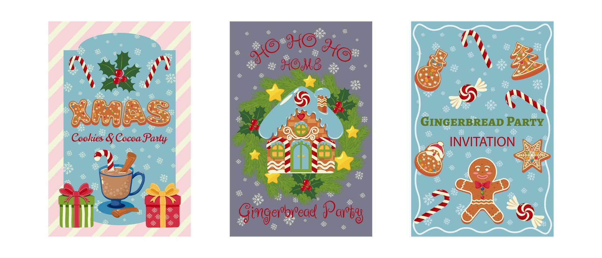 Set of three Christmas party invitations featuring holiday cookies, cocoa, candy cane, and gingerbreads. Design for greeting card, invitation, and poster. vector