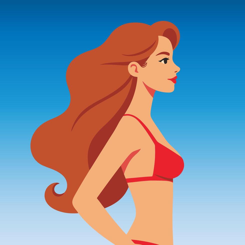 Fashion illustration of a confident woman with flowing hair wearing a red bikini top against a blue sky background. vector