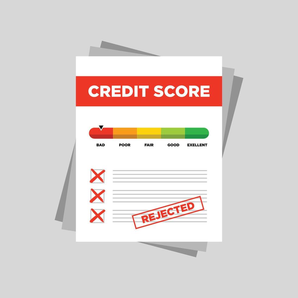 Rejected credit score gauge speedometer indicator with color levels on paper sheets vector