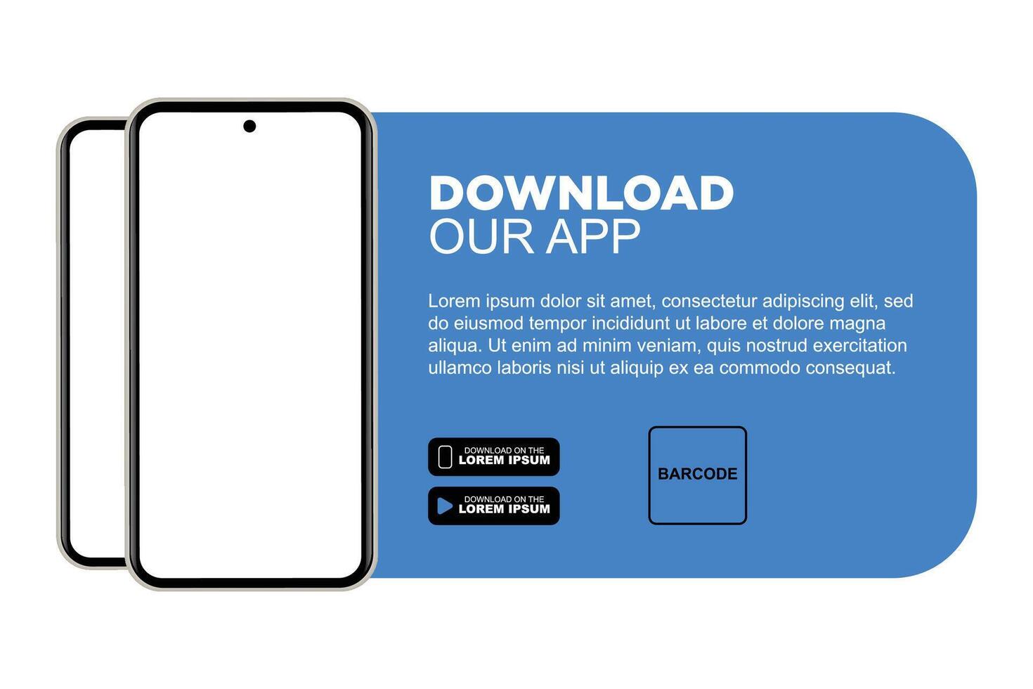 Download our app advertising banner. App for mobile phones. Phone mockup template vector