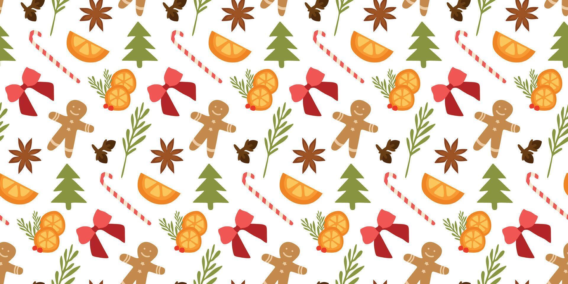 Christmas Seamless Pattern. Christmas and New year Holiday Repeatable Template, Flat Decorative Elements Texture for Wallpaper, Gift Wrapping paper, Card, Banner, Fabric Textile Prints. vector