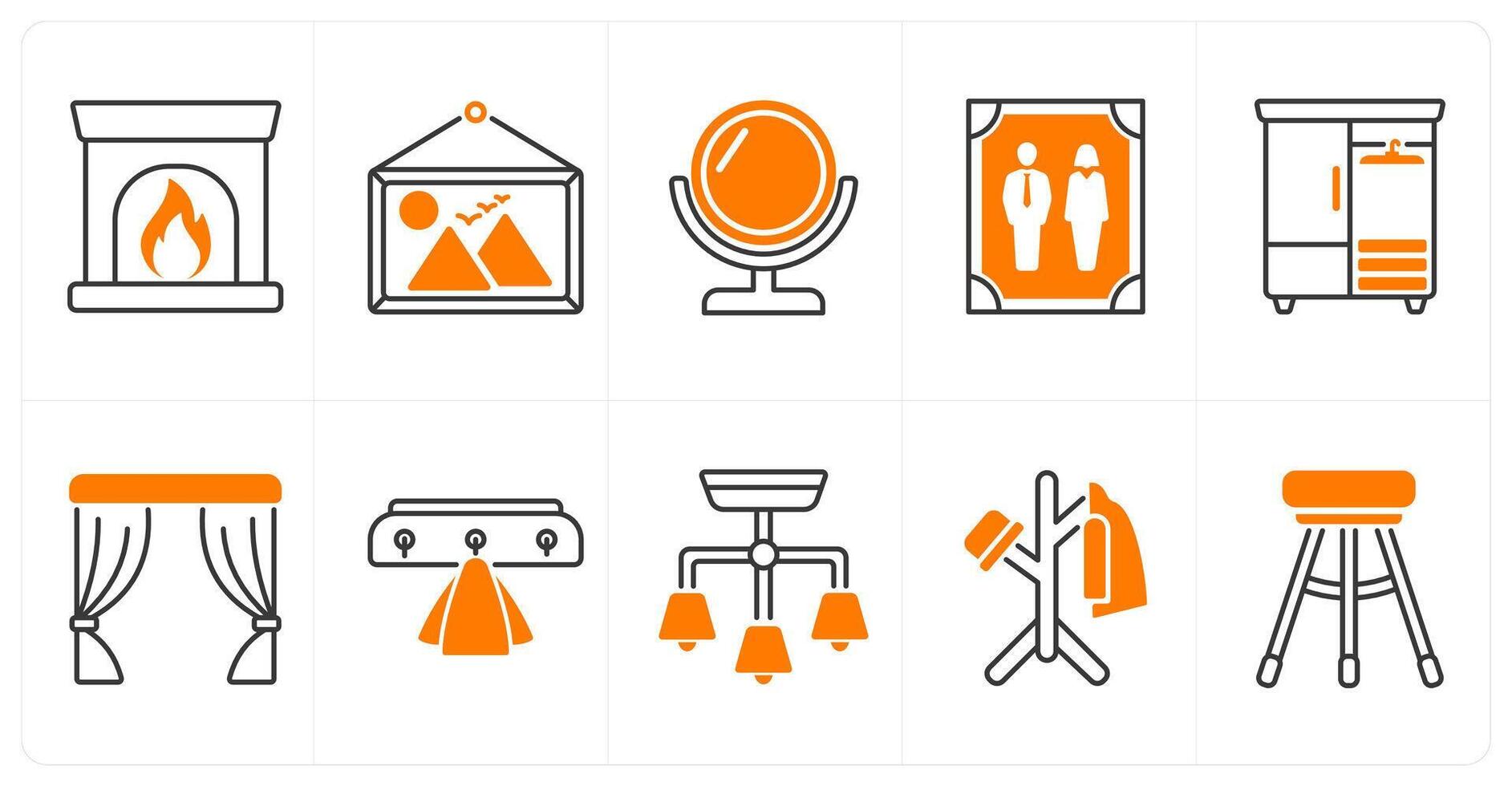 A set of 10 furniture icons as fireplace, painting, mirror vector