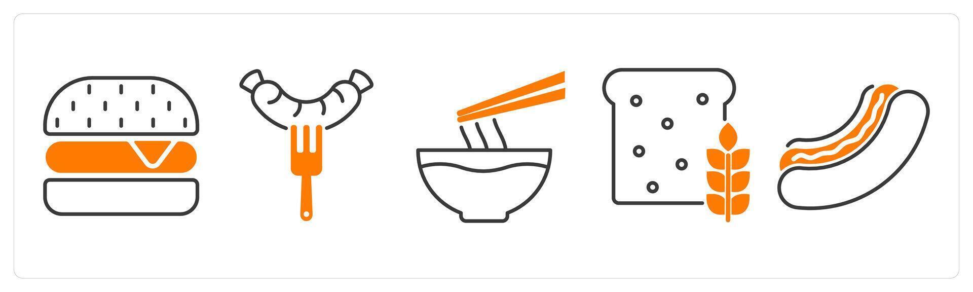 A set of 5 food and drink icons as burger, sausage, noodle vector