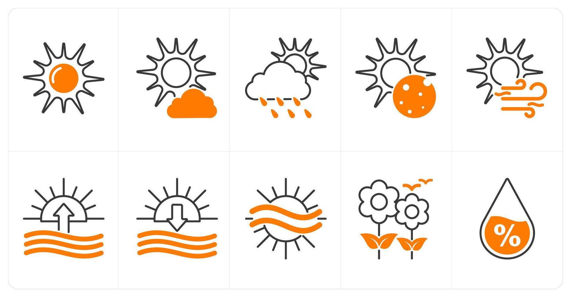 A set of 10 weather icons as sun, little cloud, cloudy and rain vector