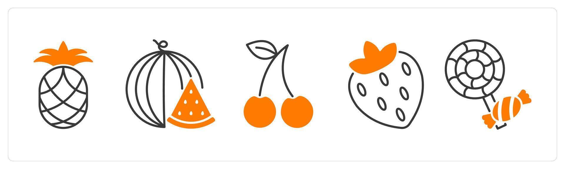 A set of 5 food and drink icons as pineapple, watermelon, cherry vector