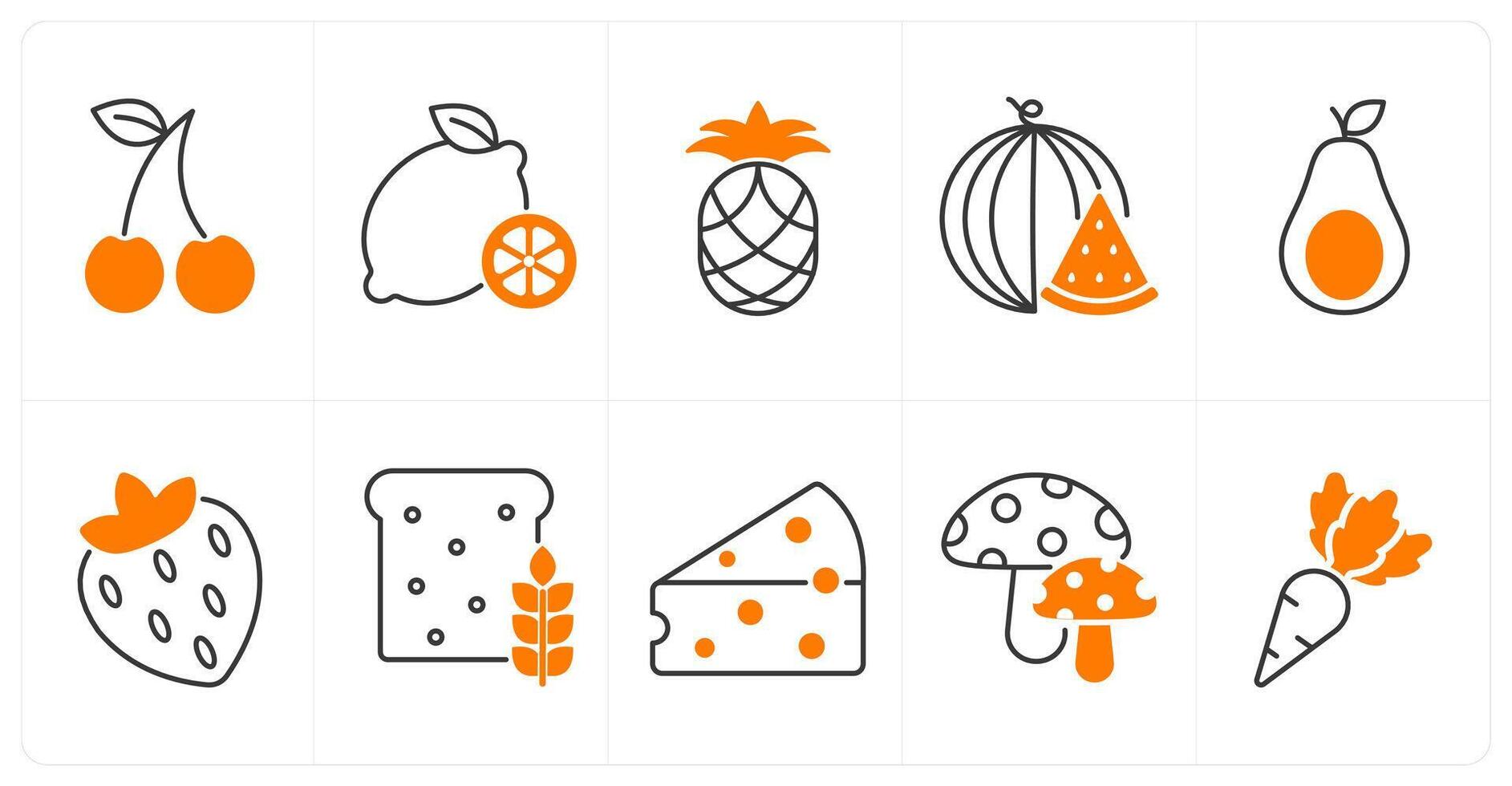 A set of 10 food and drink icons as cherry, lemon, pineapple vector