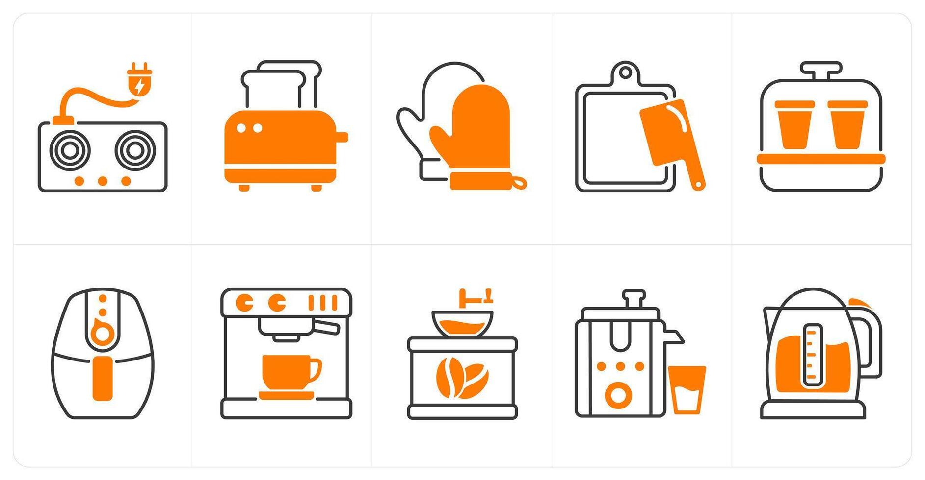 A set of 10 home appliances icons as electric stove, toaster, oven gloves vector