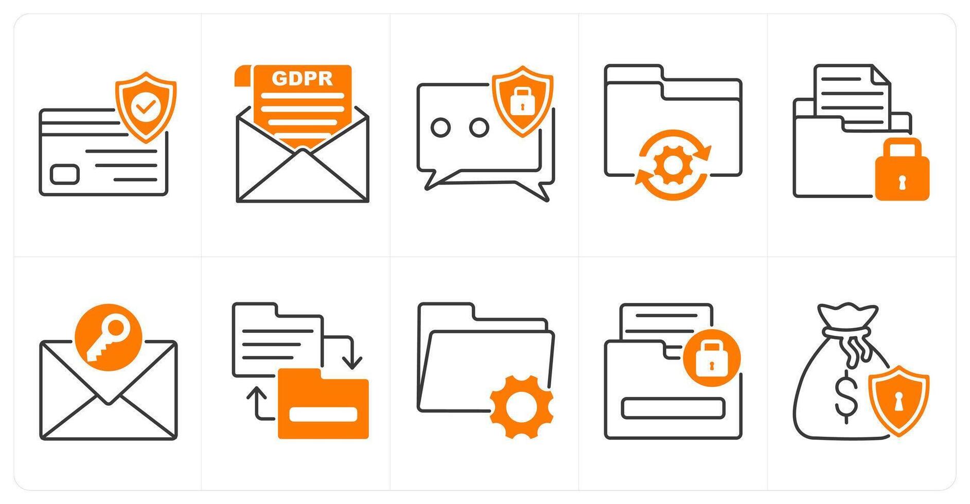 A set of 10 gdpr icons as security card, gdpr letter, chat protection vector