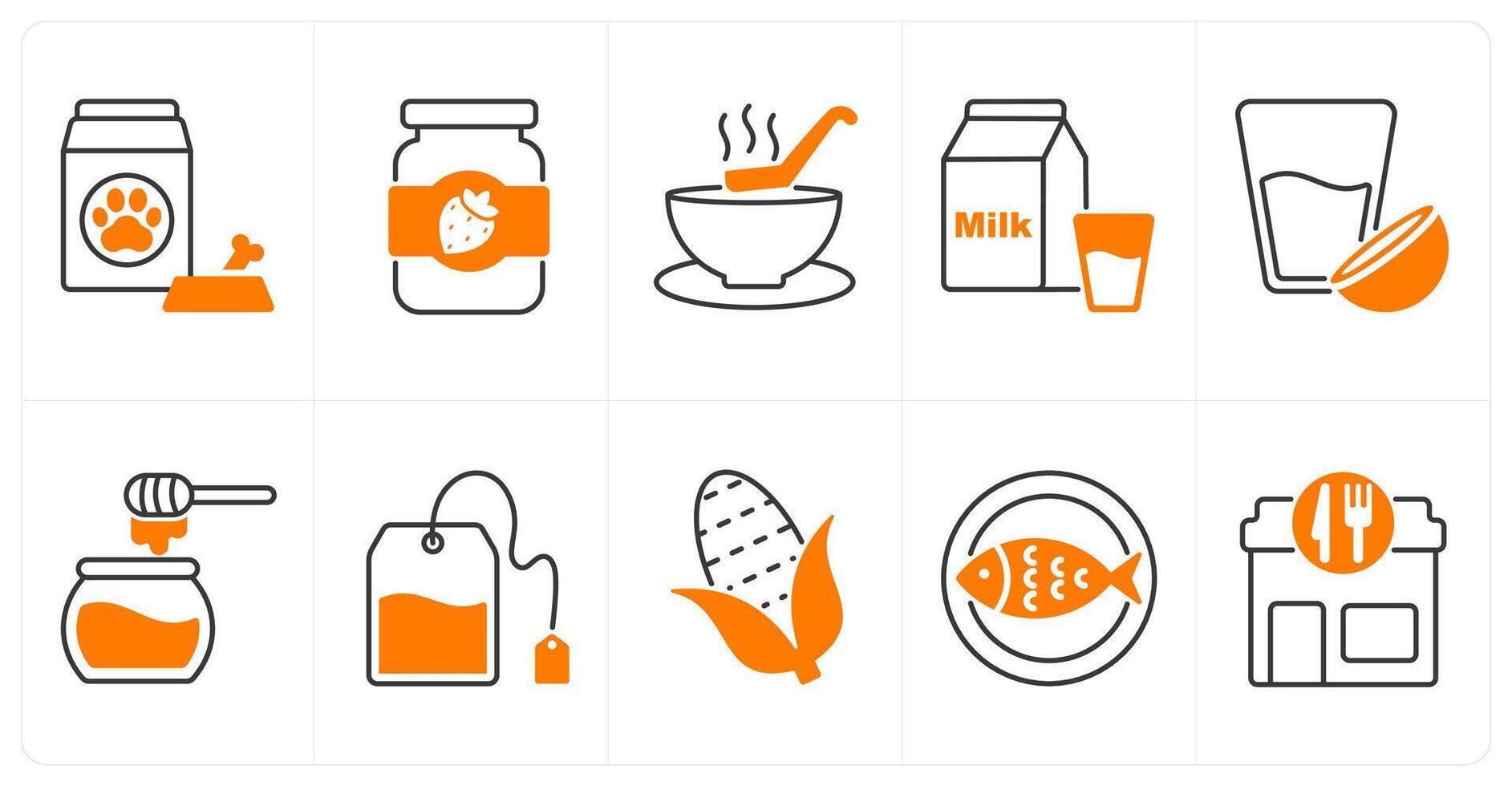 A set of 10 food and drink icons as pet food, jam, soup vector