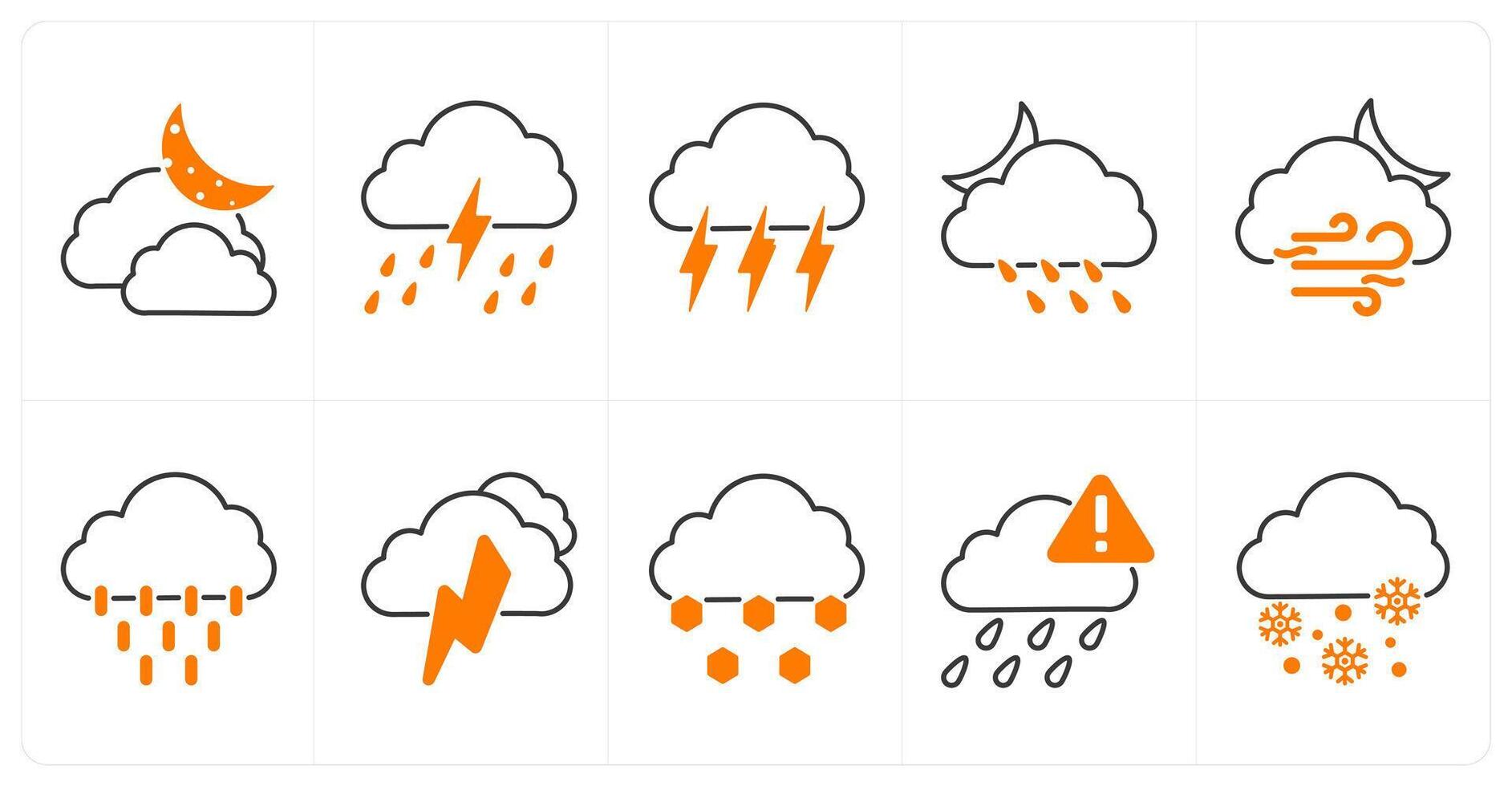 A set of 10 weather icons as cloudy night, lightning rain, lightning vector