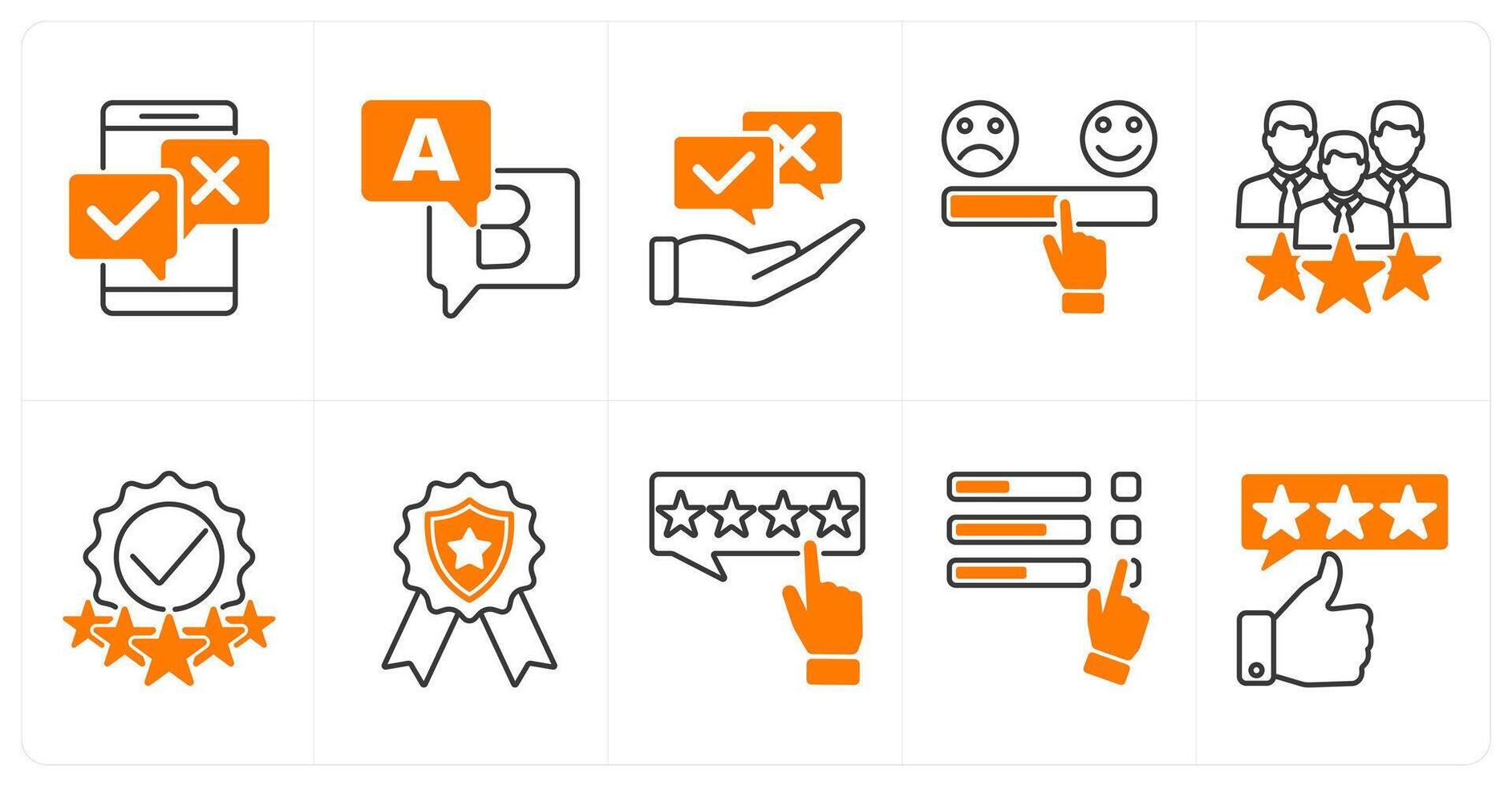 A set of 10 survey icons as online survey, option, opinion, satisfaction scale vector