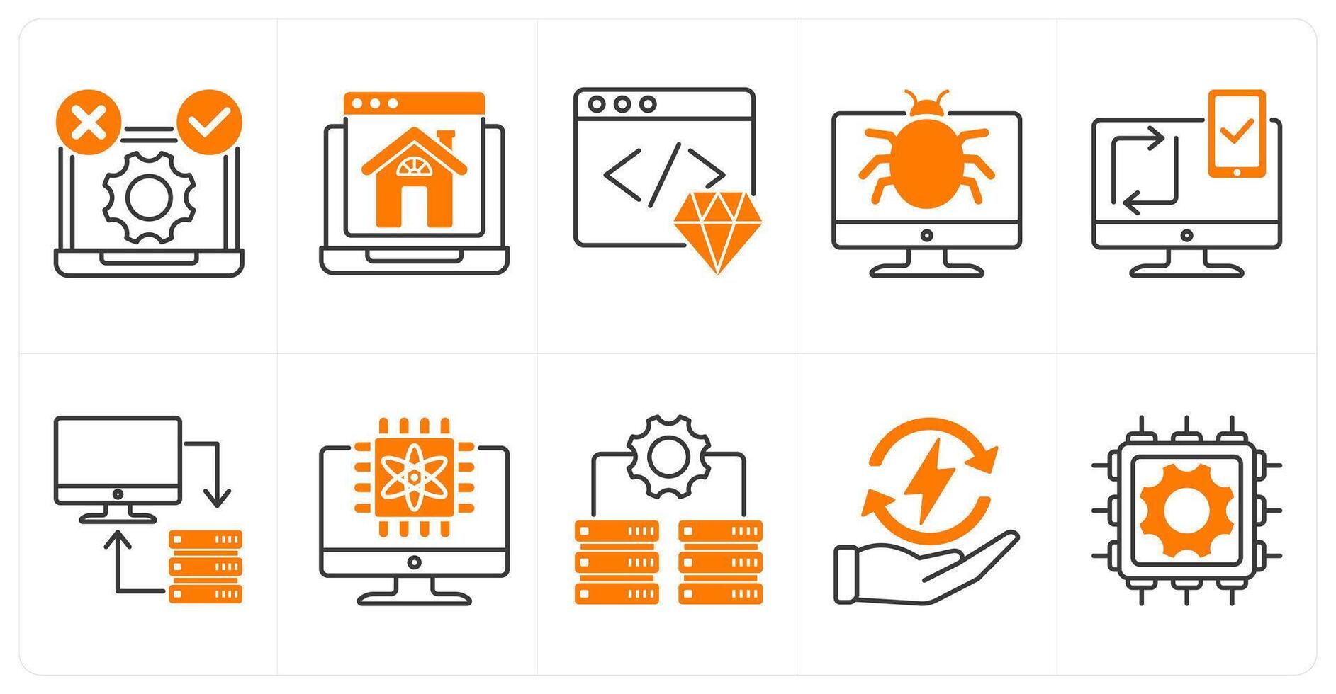 A set of 10 technology icons as tdd, homepage, clean code vector