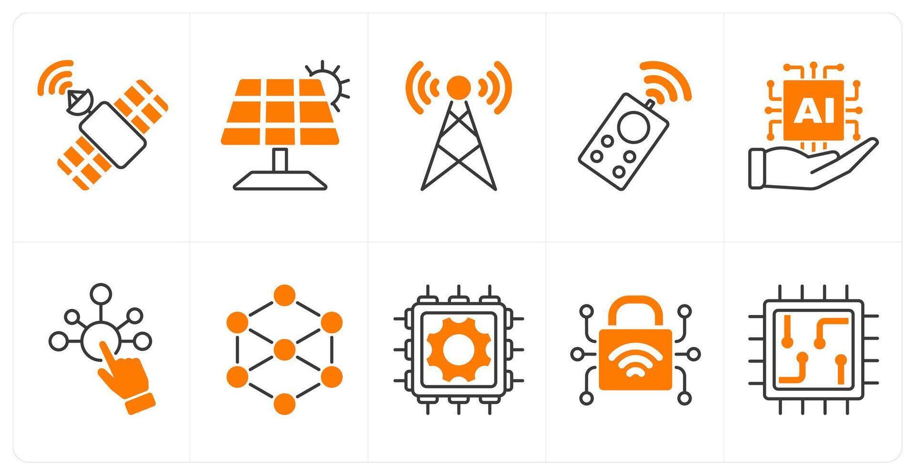 A set of 10 technology icons as satellite, solar panel, signal tower vector