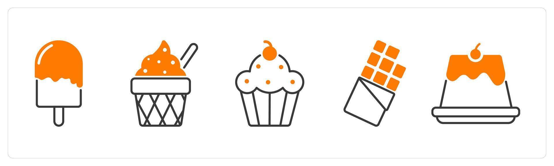 A set of 5 food and drink icons as popsicle, ice cream, cupcake vector