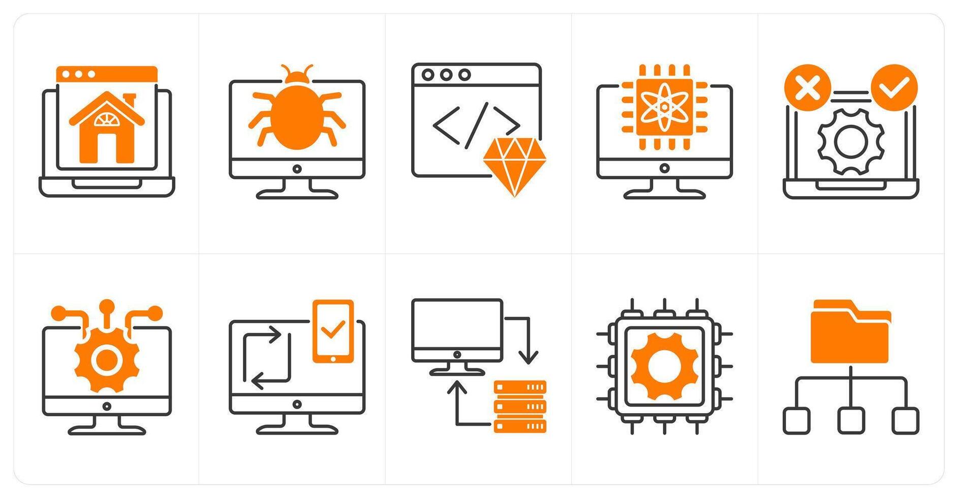 un conjunto de 10 tecnología íconos como página principal, bicho, limpiar código vector