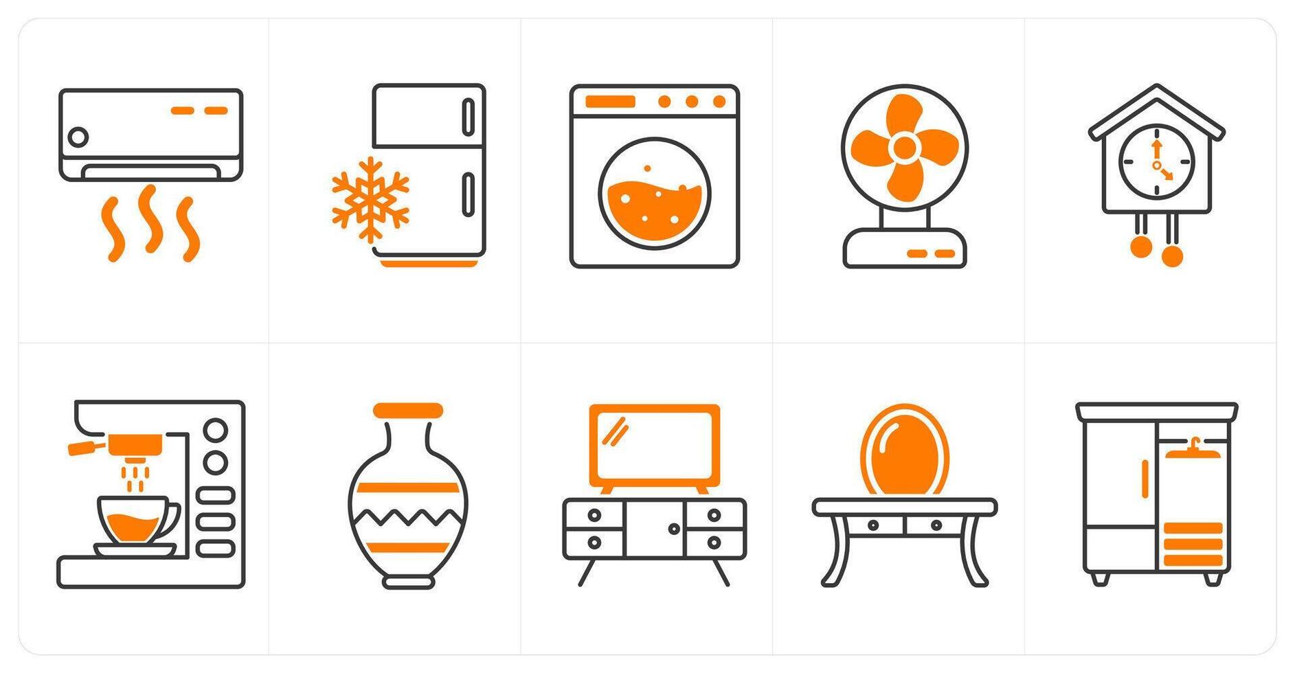A set of 10 furniture icons as air conditioner, refrigerator, washing machine vector