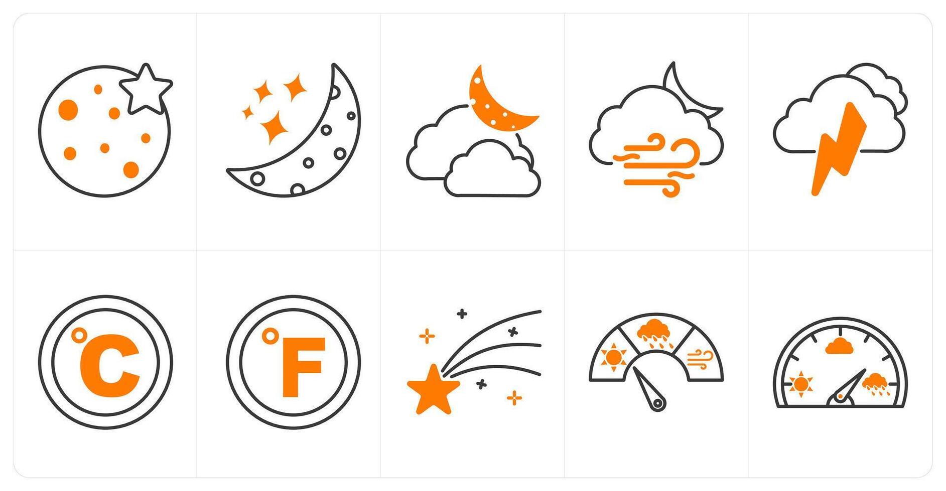 A set of 10 weather icons as full moon, starry night, cloudy night vector
