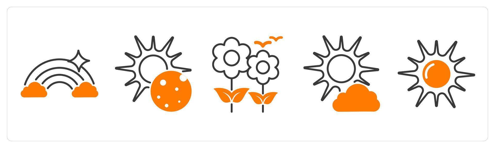 A set of 5 Weather icons as rainbow, eclipse, spring vector