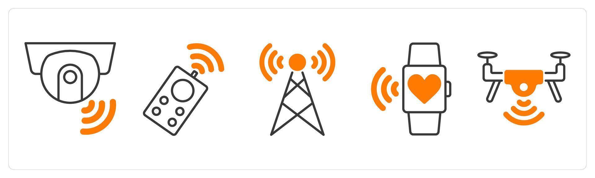 A set of 5 Technology icons as smart camera, remote control, signal tower vector