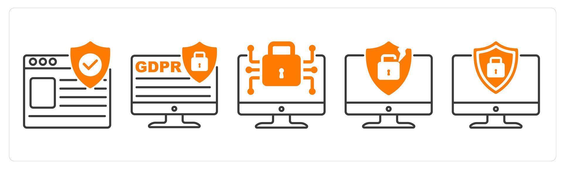 A set of 5 GDPR icons as protected website, gdpr site, data encryption vector