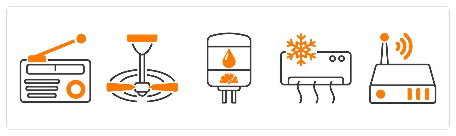A set of 5 Home Appliances icons as radio, ceiling fan, geyser vector