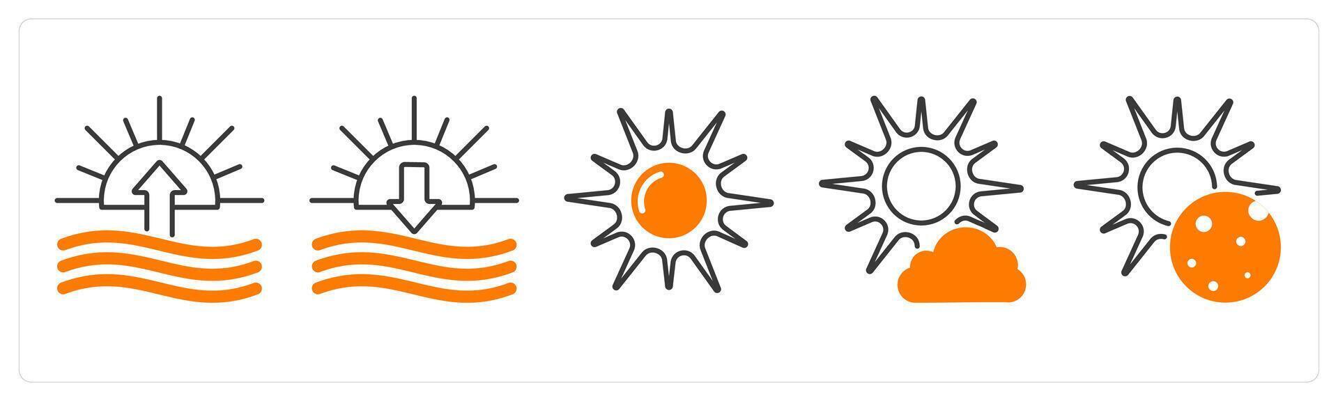 A set of 5 Weather icons as sunrise, sunset, sun vector