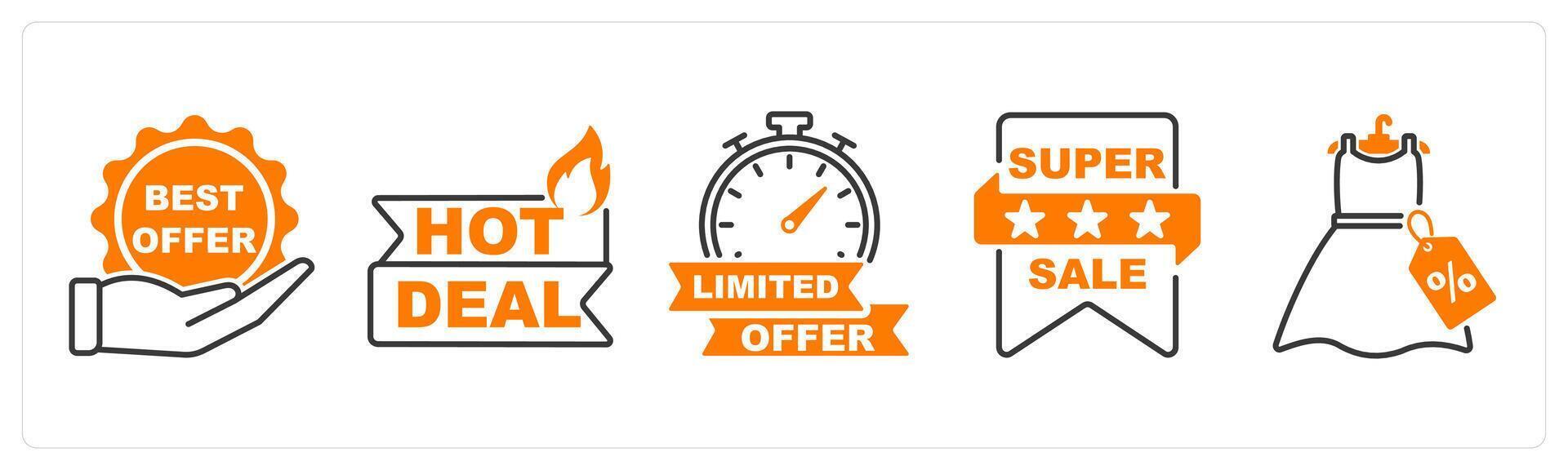 A set of 5 Offer and Sale icons as best offer, hot deal, limited offer vector