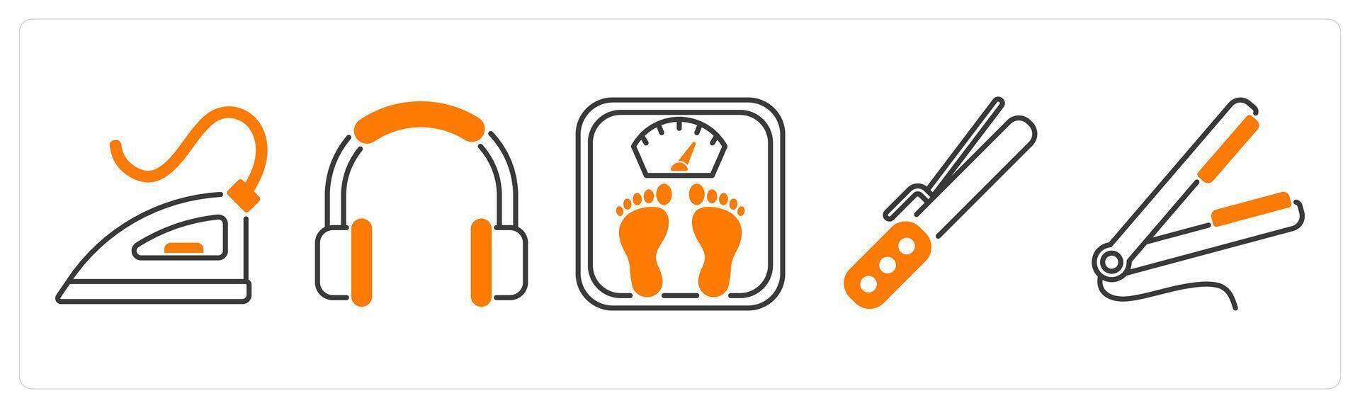 A set of 5 Home Appliances icons as iron, headphones, weight scale vector