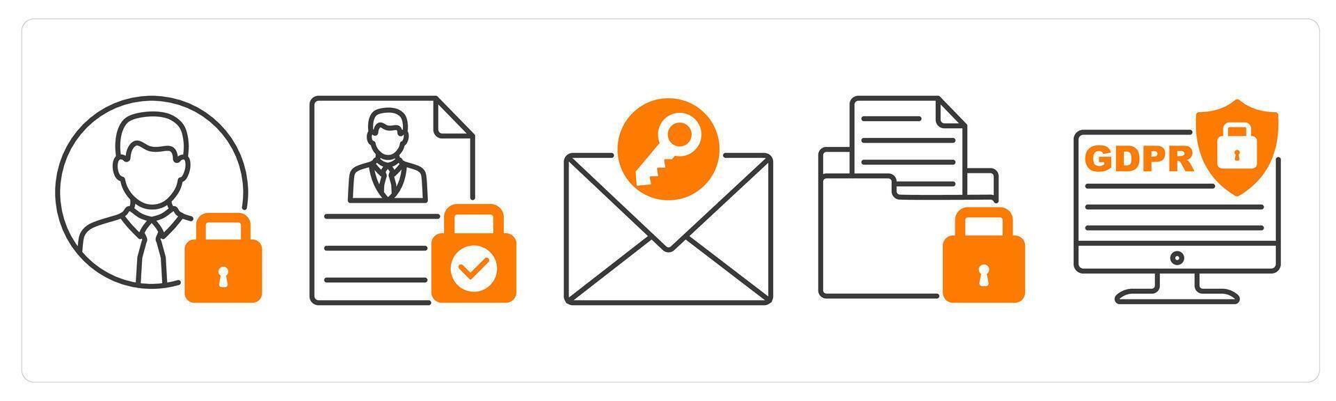 A set of 5 GDPR icons as account security, personal data, secure message vector