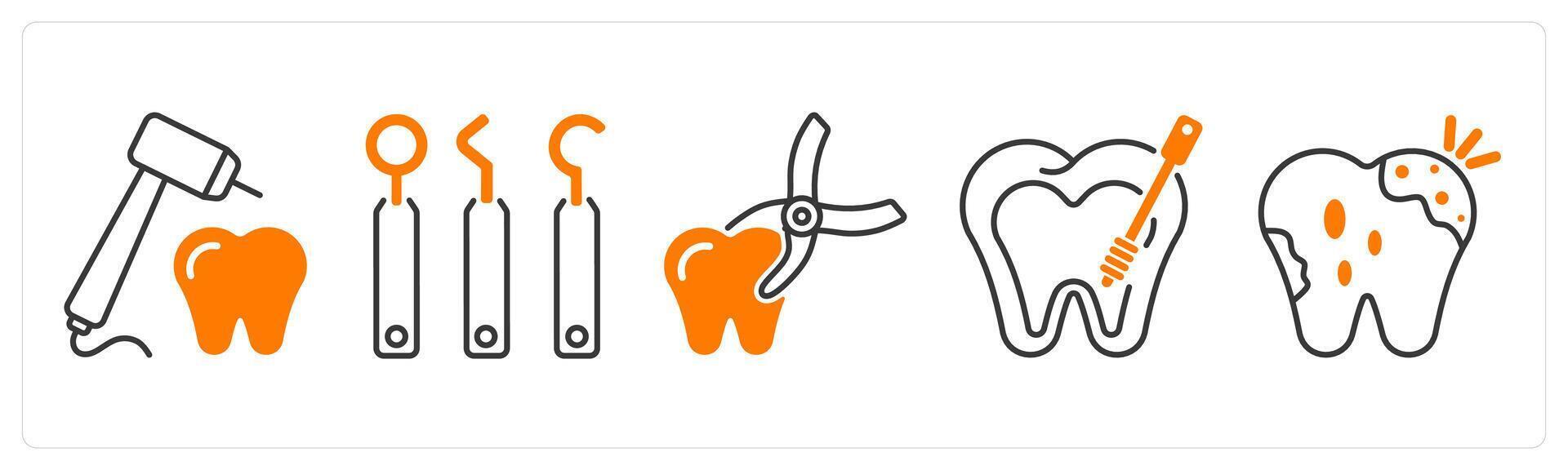 A set of 5 Dental Care icons as tooth drill, dental equipment, tooth remove vector