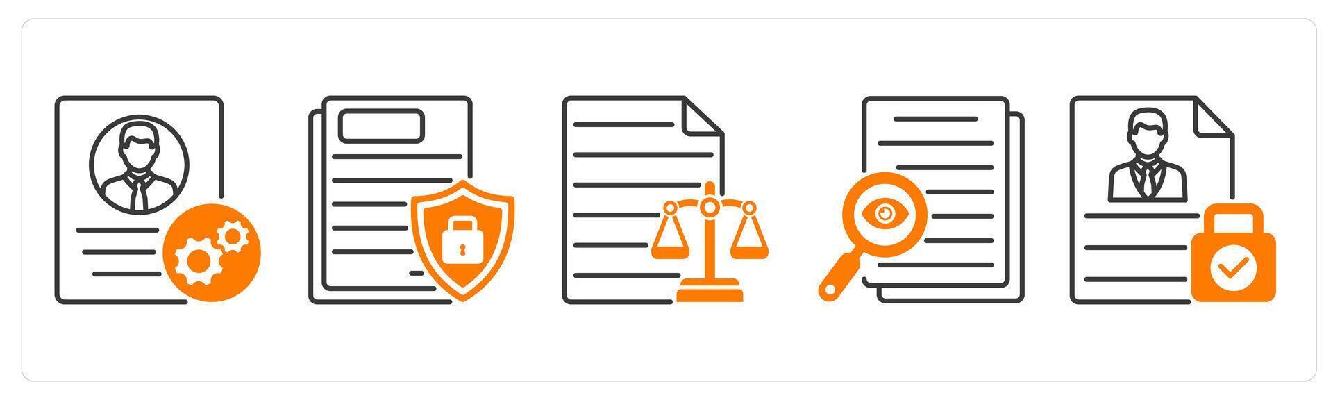A set of 5 GDPR icons as de identification, document protection, balance sheet vector