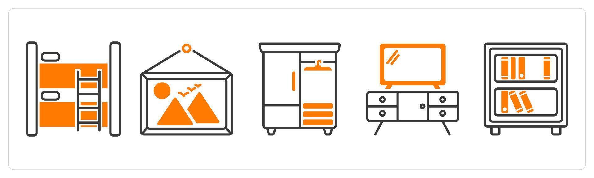 A set of 5 Furniture icons as bunk bed, painting, wardrobe vector