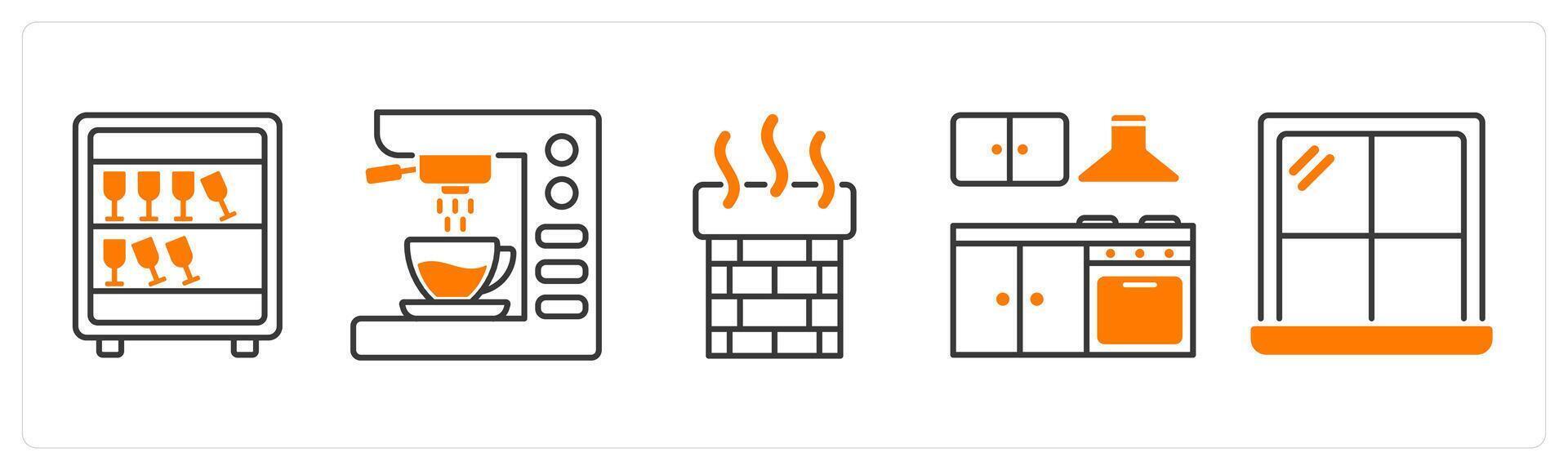 A set of 5 Furniture icons as bar cabinet, coffee machine, chimney vector
