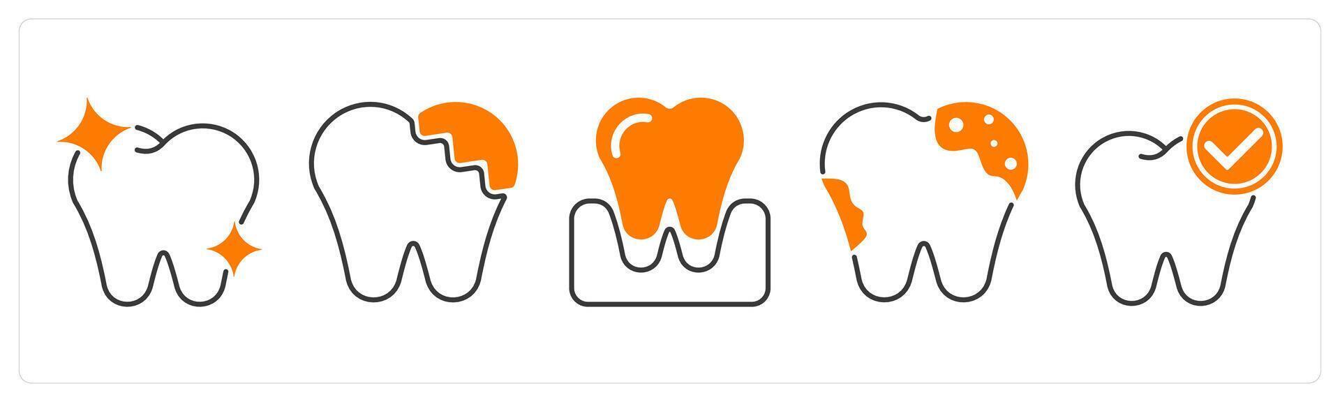 A set of 5 Dental Care icons as tooth, broken tooth, tooth extraction vector