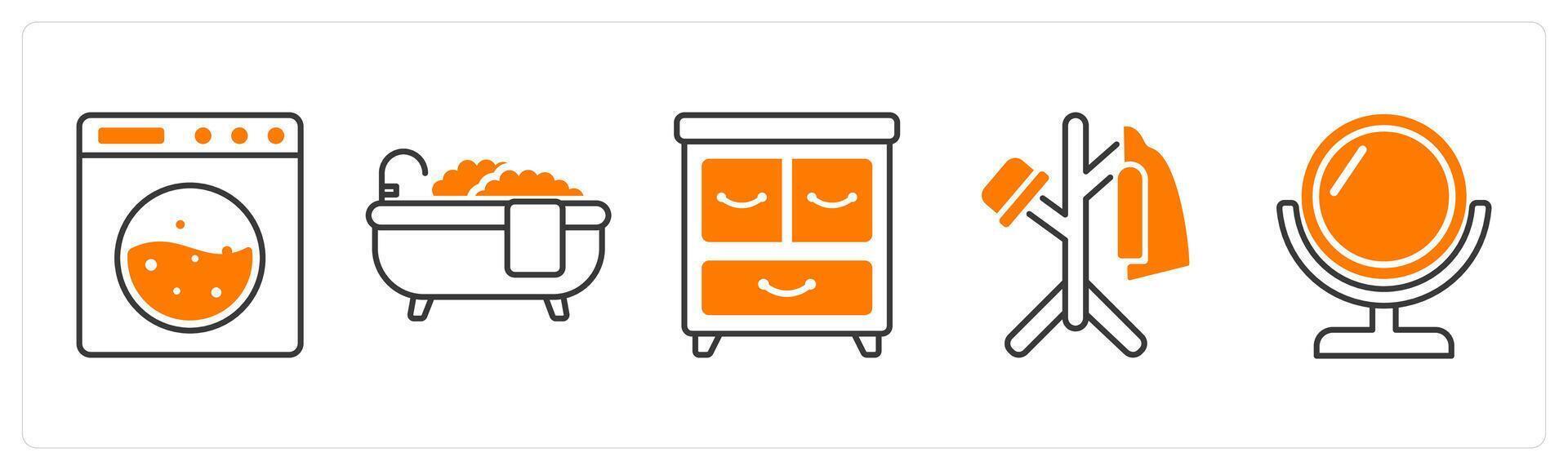 A set of 5 Furniture icons as washing machine, bath tub, drawer vector