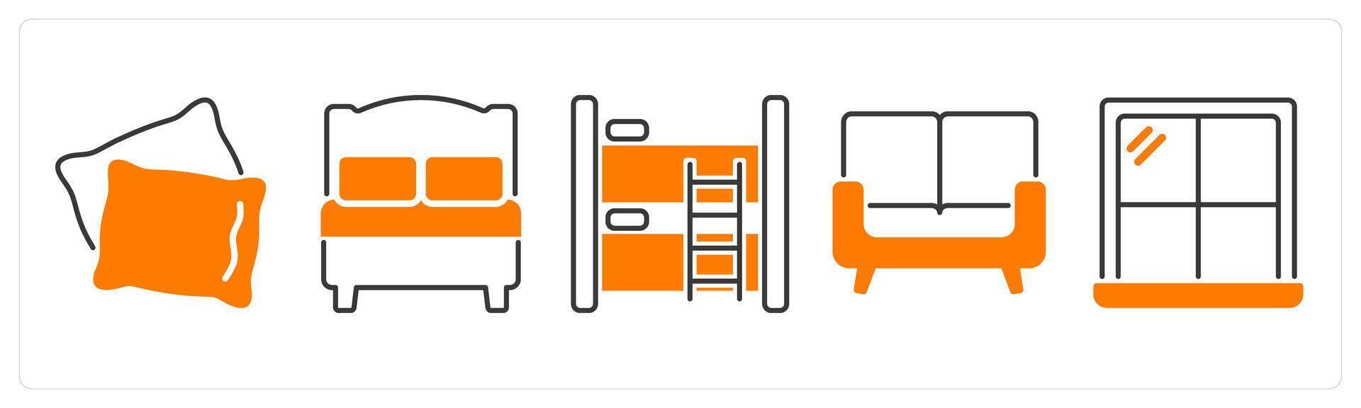 A set of 5 Furniture icons as pillow, bed, bunk bed vector